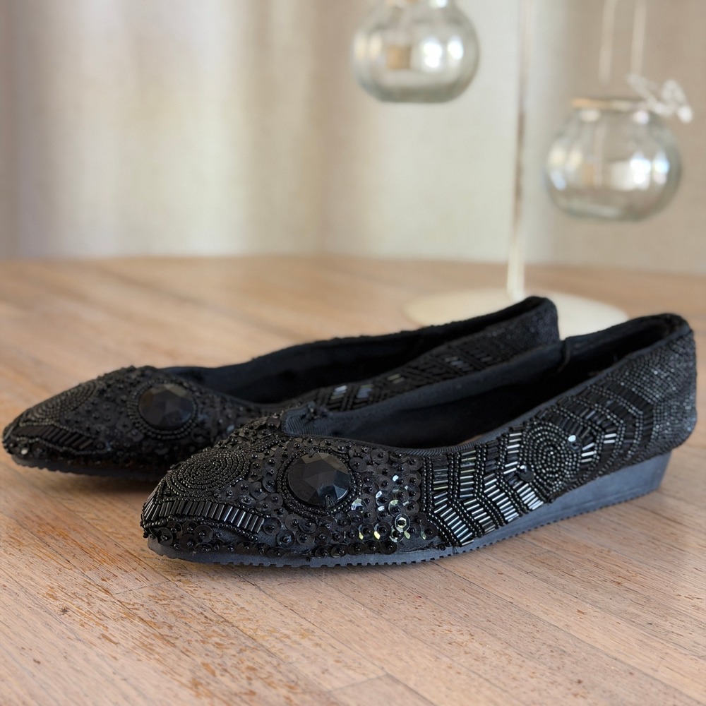 Vtg 90s Black Beaded Sequin Ballet Flats Valerie Stevens Size 9M Whimsigoth Glam